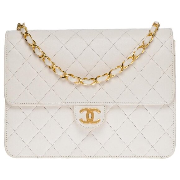 Authentic CHANEL Classic Single Flap Bag Quilted Matelasse Lambskin White Purse - Picture 1 of 16